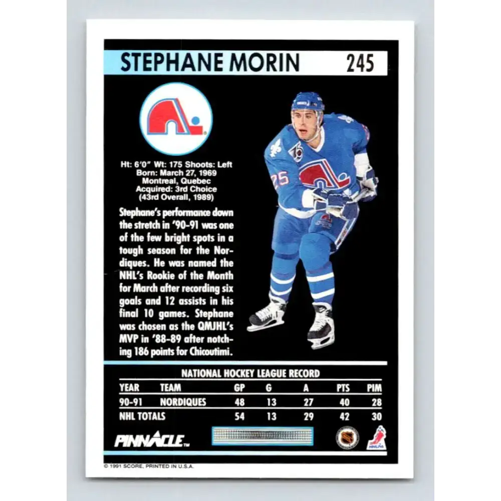 1991-92 Pinnacle #245 Stephane Morin NM-MT Quebec Nordiques Hockey Card - Hockey Card Single