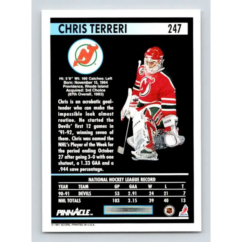 1991-92 Pinnacle #247 Chris Terreri NM-MT New Jersey Devils Hockey Card - Hockey Card Single