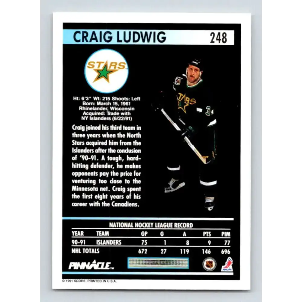 1991-92 Pinnacle #248 Craig Ludwig NM-MT Minnesota North Stars Hockey Card - Hockey Card Single