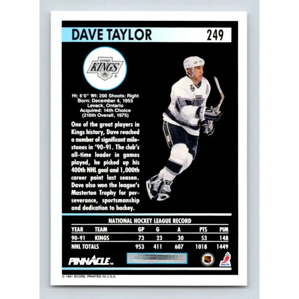 1991-92 Pinnacle #249 Dave Taylor NM-MT Los Angeles Kings Hockey Card - Hockey Card Single