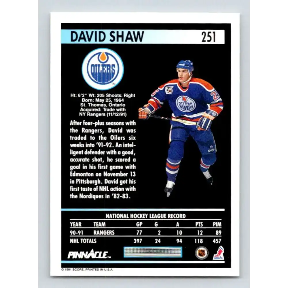 1991-92 Pinnacle #251 David Shaw NM-MT Edmonton Oilers Hockey Card - Hockey Card Single