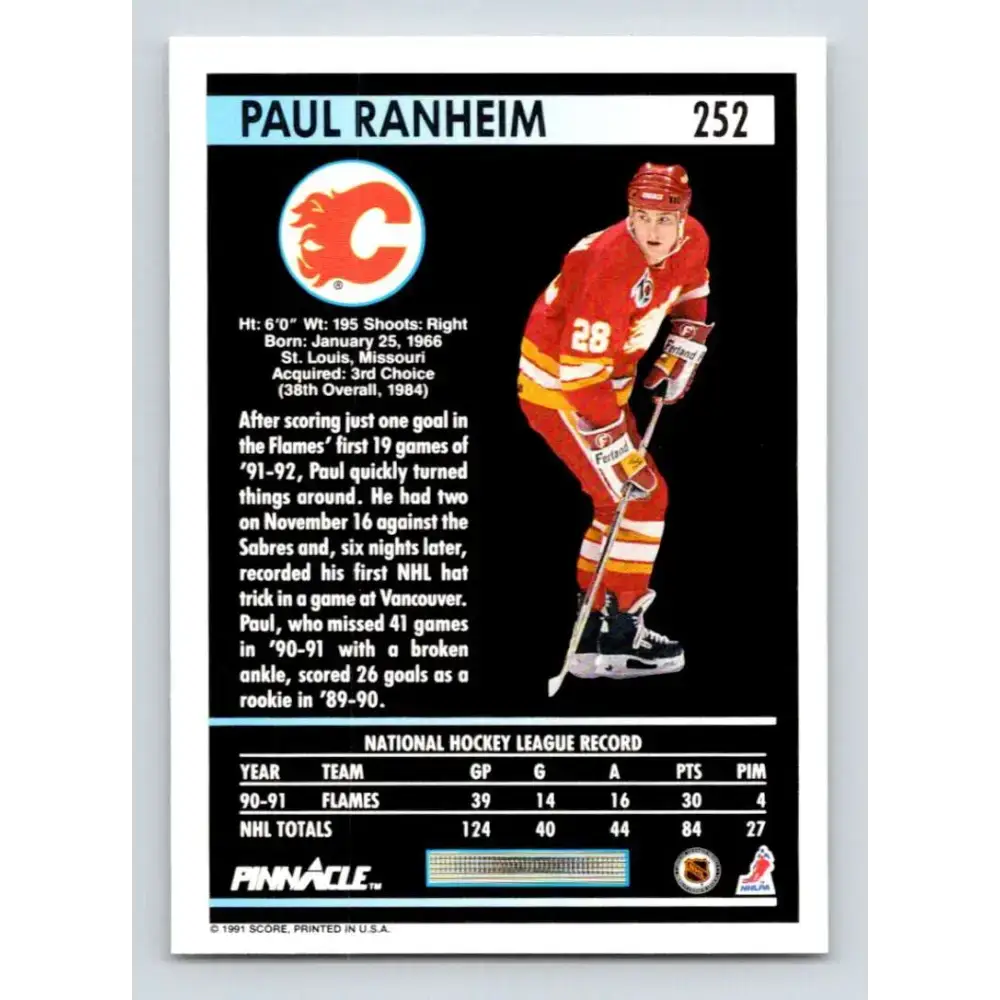 1991-92 Pinnacle #252 Paul Ranheim NM-MT Calgary Flames Hockey Card - Hockey Card Single