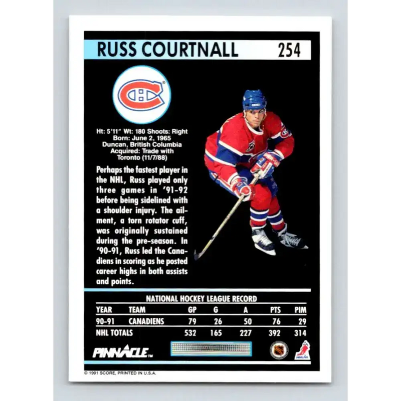 1991-92 Pinnacle #254 Russ Courtnall NM-MT Montreal Canadiens Hockey Card - Hockey Card Single