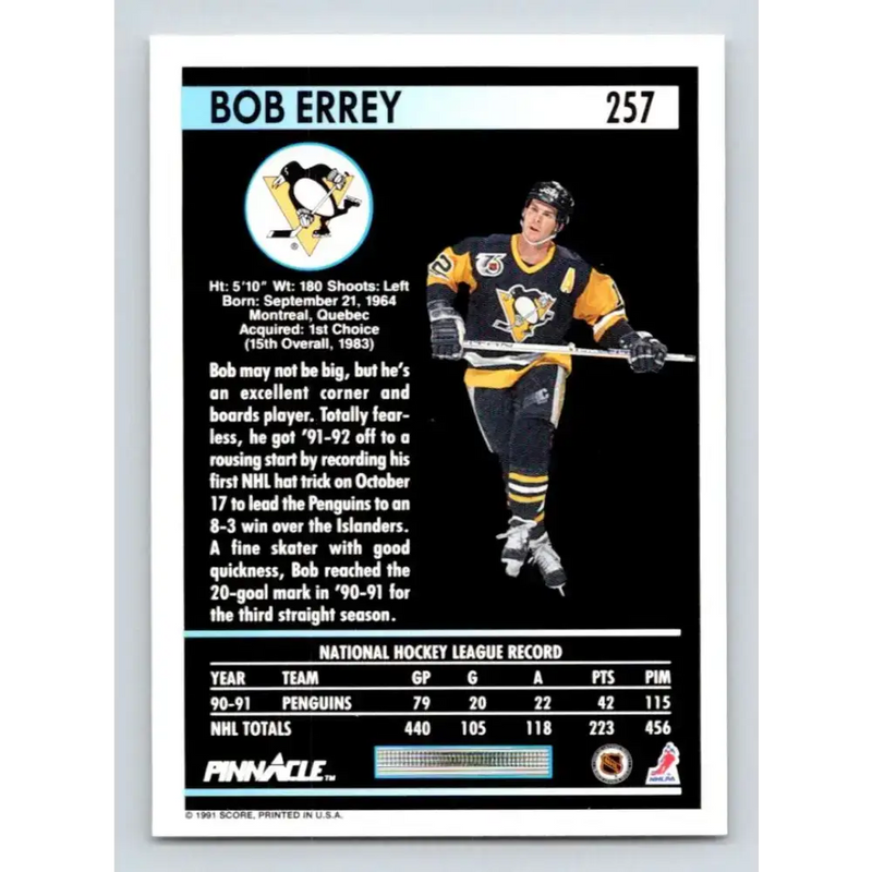 1991-92 Pinnacle #257 Bob Errey NM-MT Pittsburgh Penguins Hockey Card - Hockey Card Single