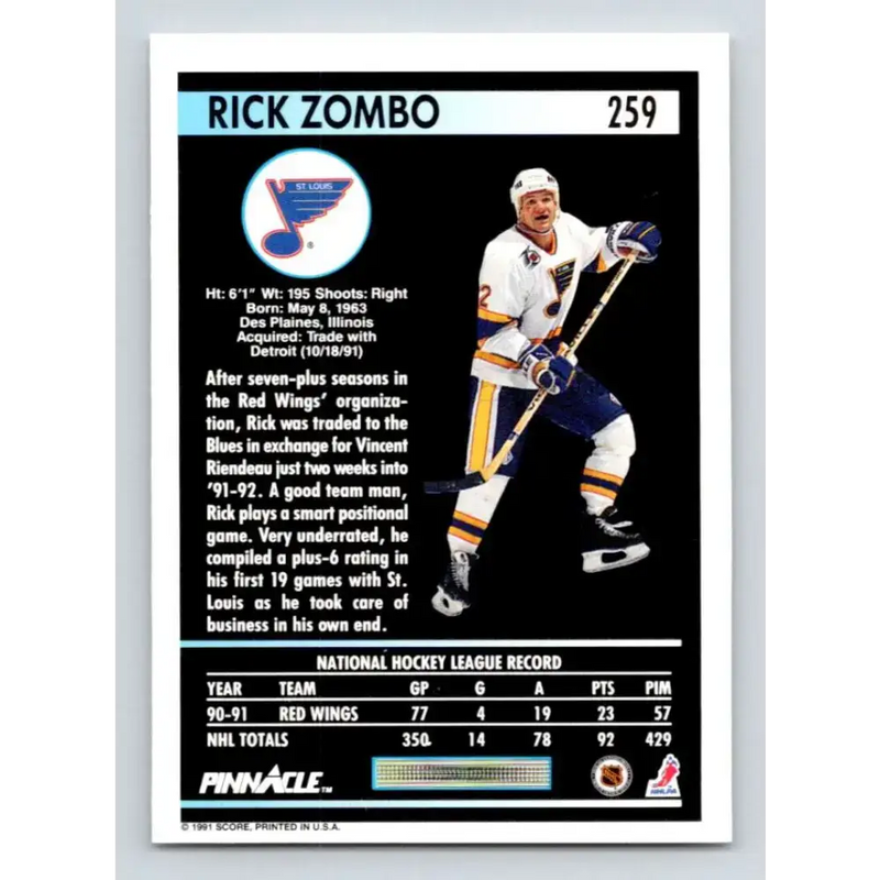 1991-92 Pinnacle #259 Rick Zombo NM-MT St. Louis Blues Hockey Card - Hockey Card Single