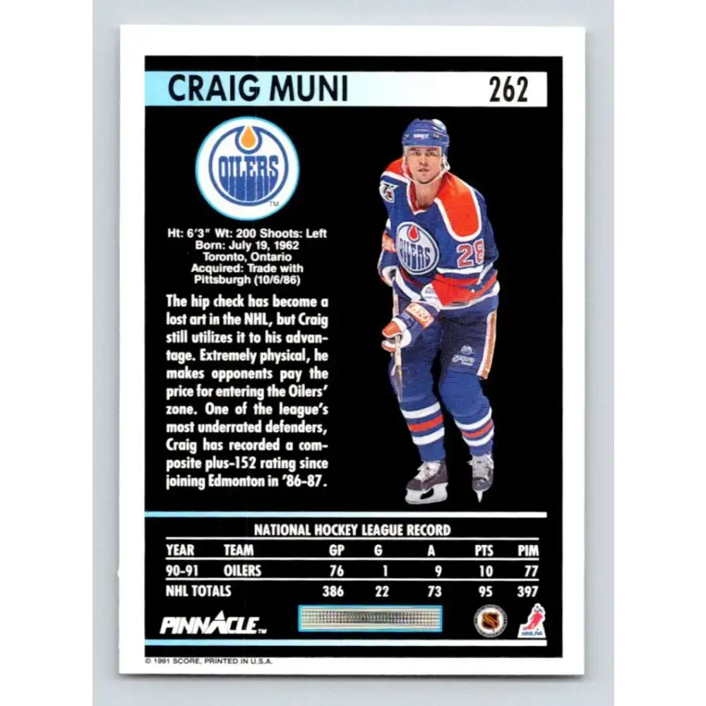 1991-92 Pinnacle #262 Craig Muni NM-MT Edmonton Oilers Hockey Card - Hockey Card Single