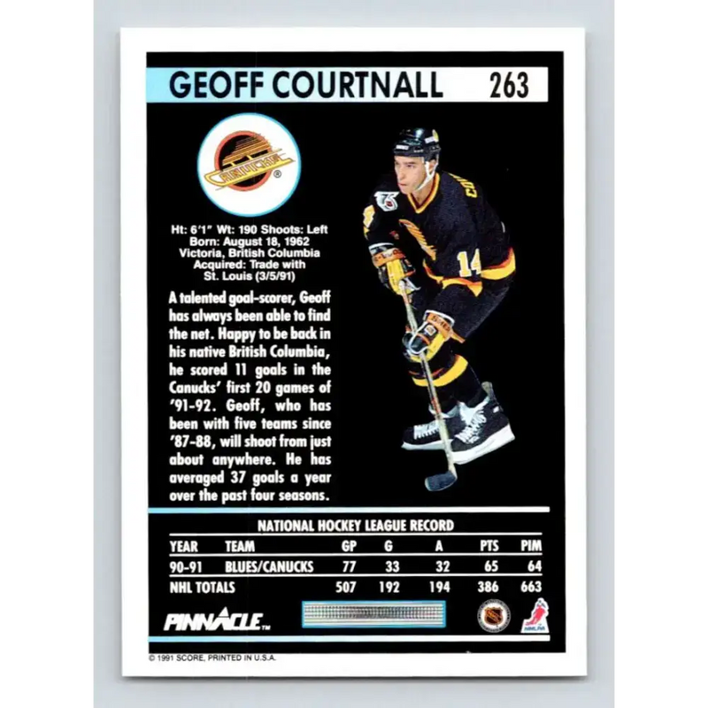 1991-92 Pinnacle #263 Geoff Courtnall NM-MT Vancouver Canucks Hockey Card - Hockey Card Single