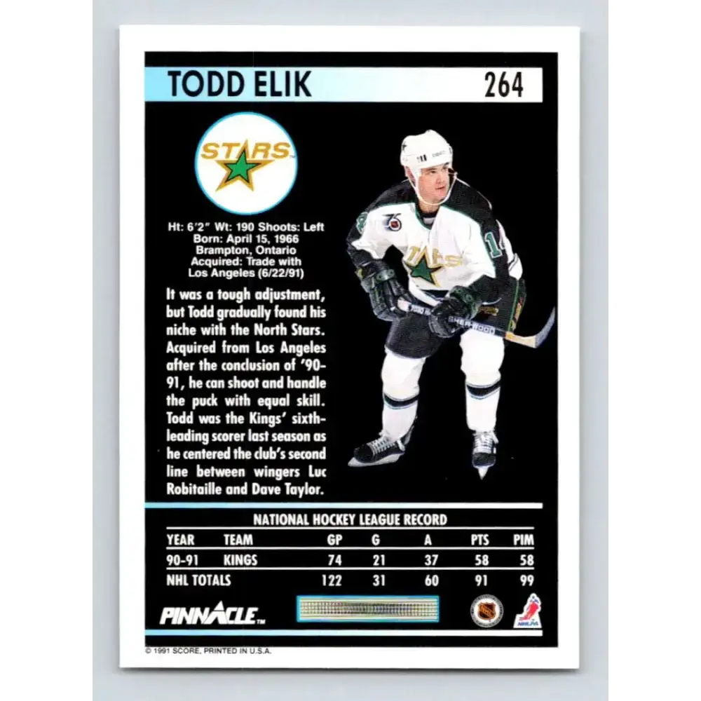 1991-92 Pinnacle #264 Todd Elik NM-MT Minnesota North Stars Hockey Card - Hockey Card Single