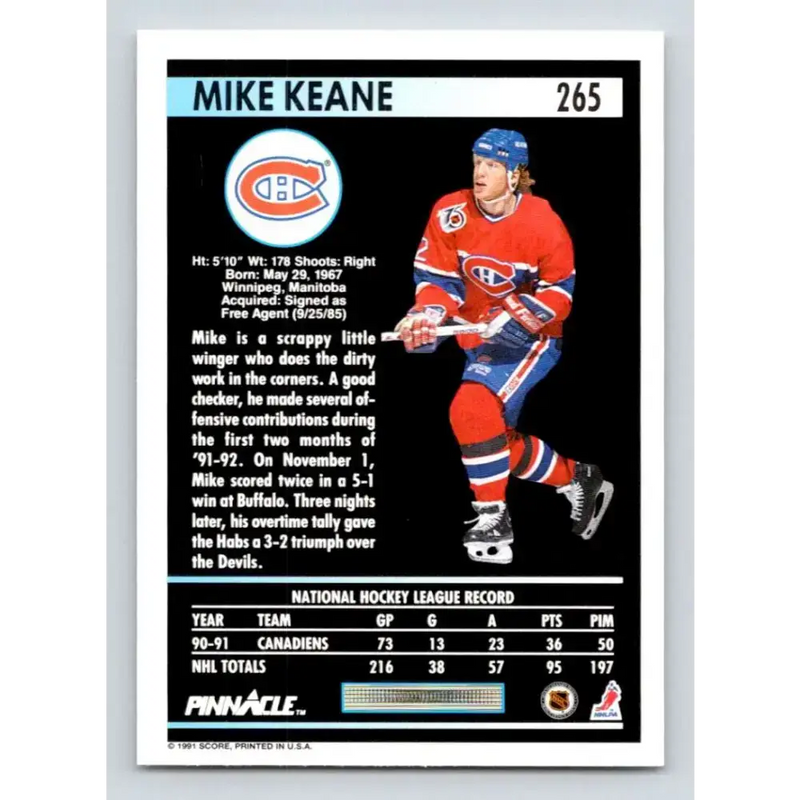 1991-92 Pinnacle #265 Mike Keane NM-MT Montreal Canadiens Hockey Card - Hockey Card Single