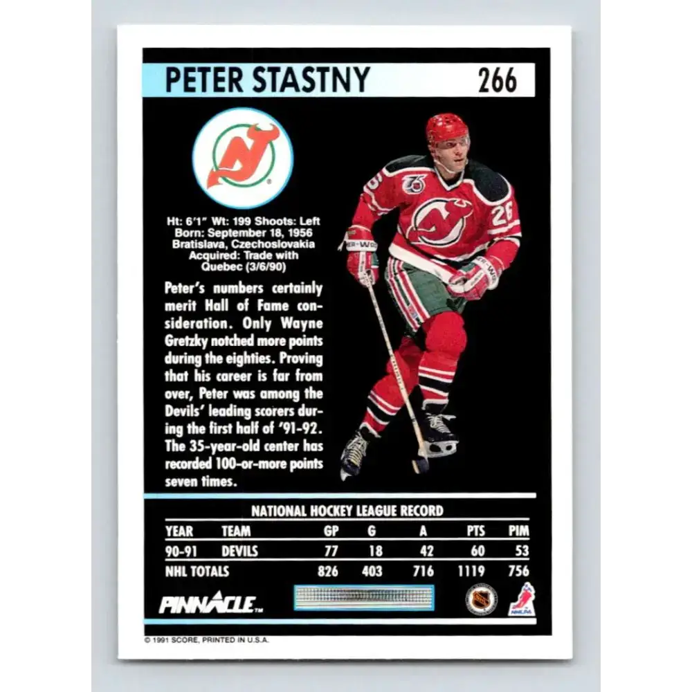 1991-92 Pinnacle #266 Peter Stastny NM-MT New Jersey Devils Hockey Card - Hockey Card Single