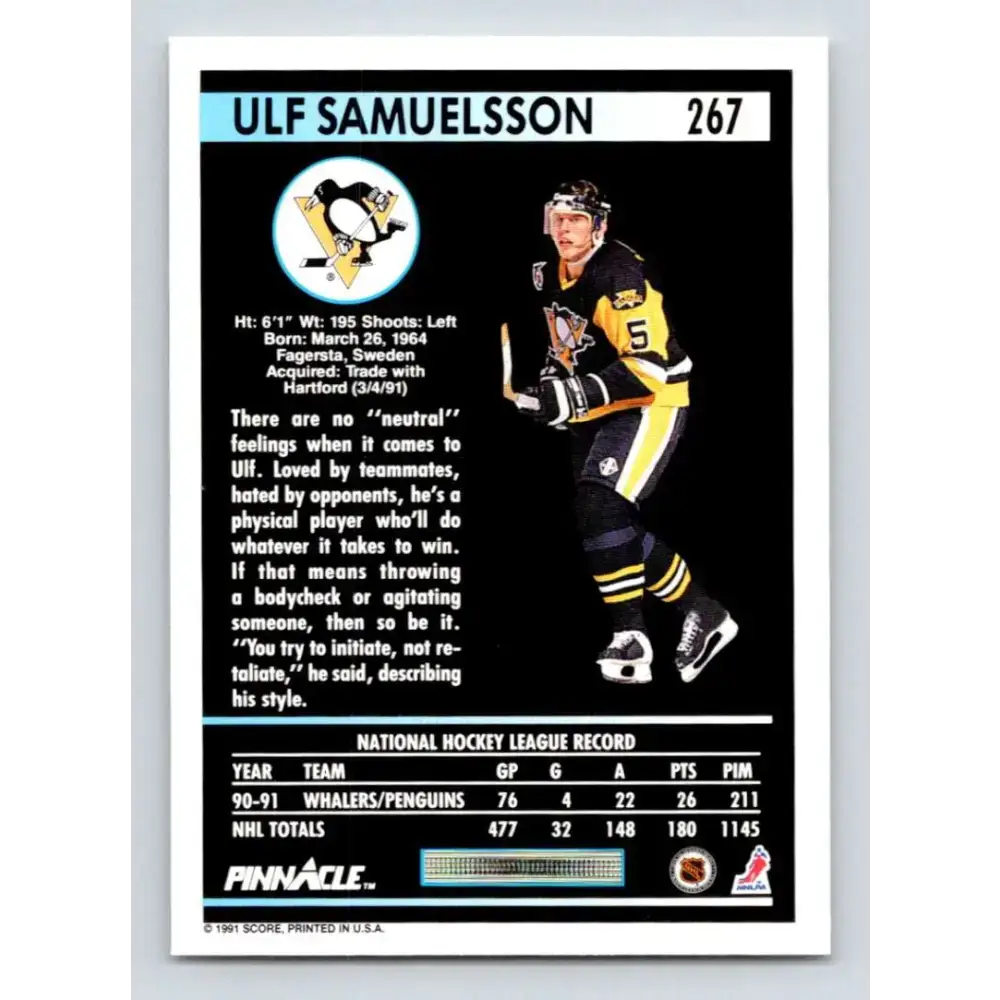 1991-92 Pinnacle #267 Ulf Samuelsson NM-MT Pittsburgh Penguins Hockey Card - Hockey Card Single