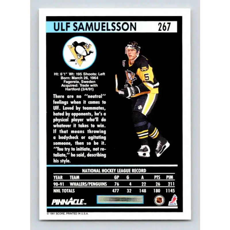 1991-92 Pinnacle #267 Ulf Samuelsson NM-MT Pittsburgh Penguins Hockey Card - Hockey Card Single