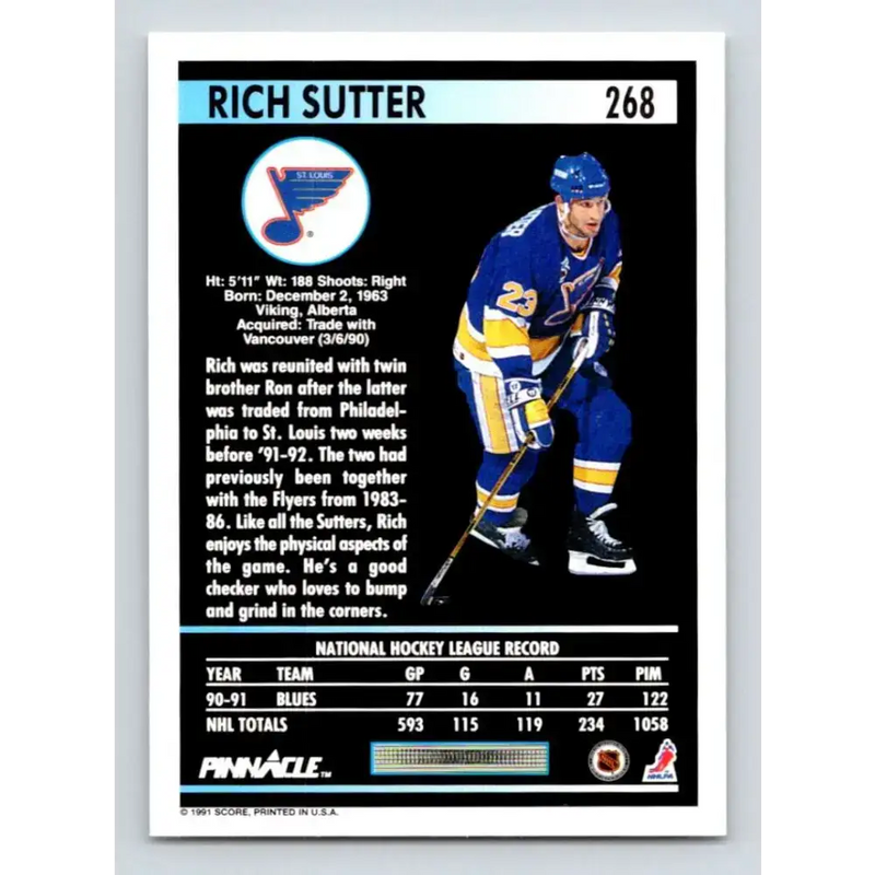 1991-92 Pinnacle #268 Rich Sutter NM-MT St. Louis Blues Hockey Card - Hockey Card Single