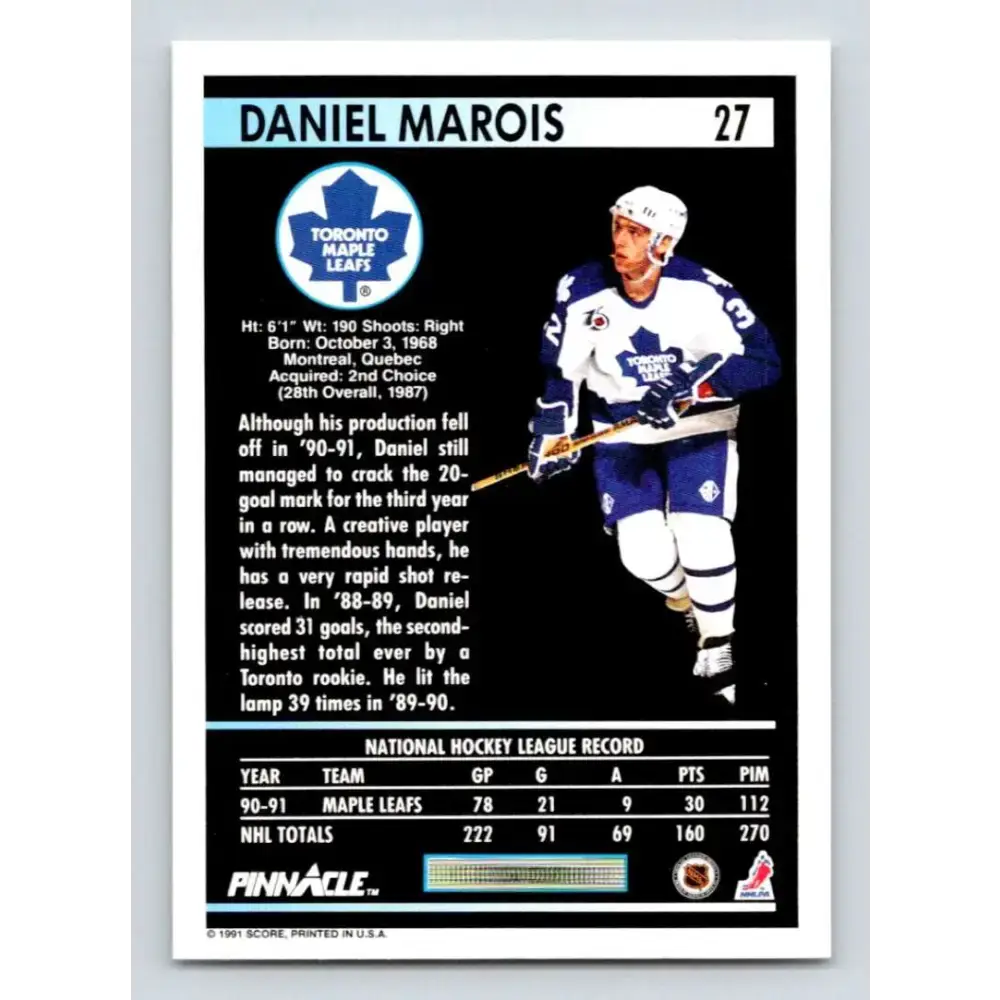 1991-92 Pinnacle #27 Daniel Marois NM-MT Toronto Maple Leafs Hockey Card - Hockey Card Single