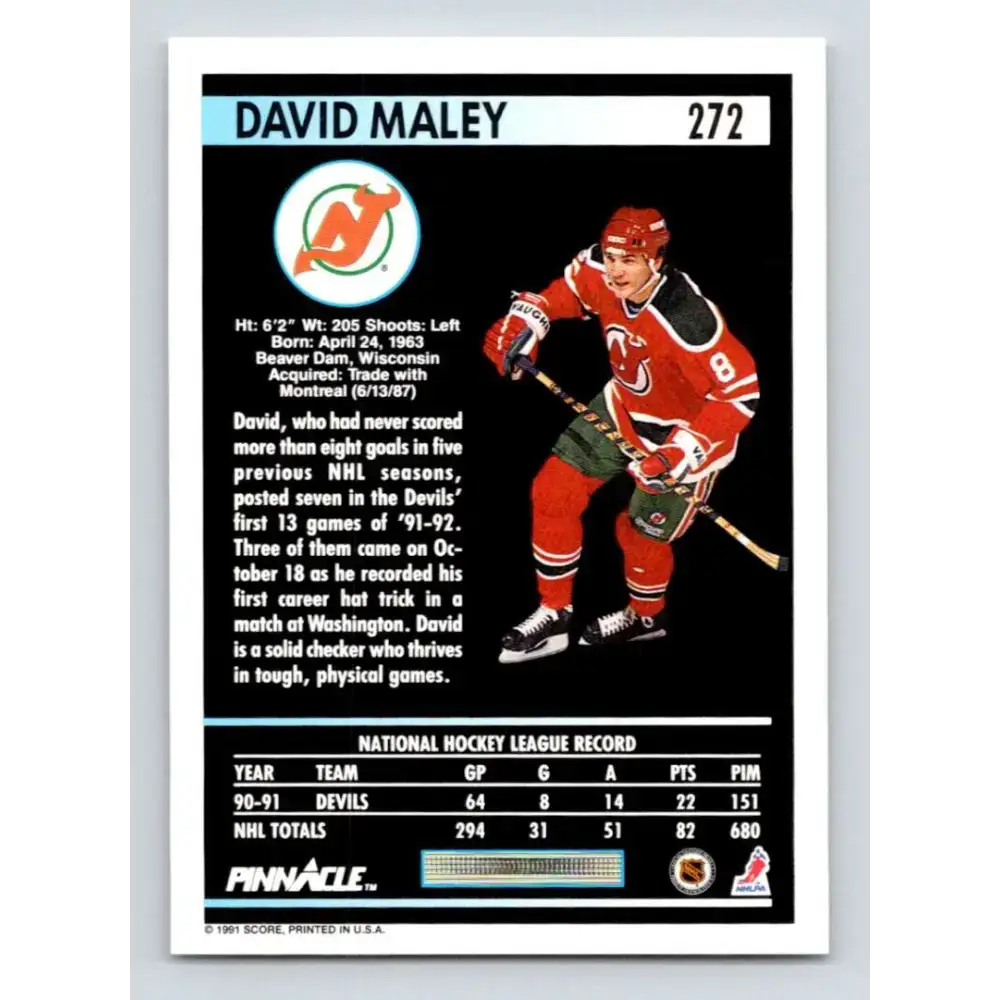 1991-92 Pinnacle #272 David Maley NM-MT New Jersey Devils Hockey Card - Hockey Card Single