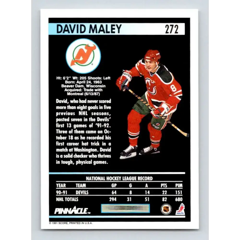 1991-92 Pinnacle #272 David Maley NM-MT New Jersey Devils Hockey Card - Hockey Card Single