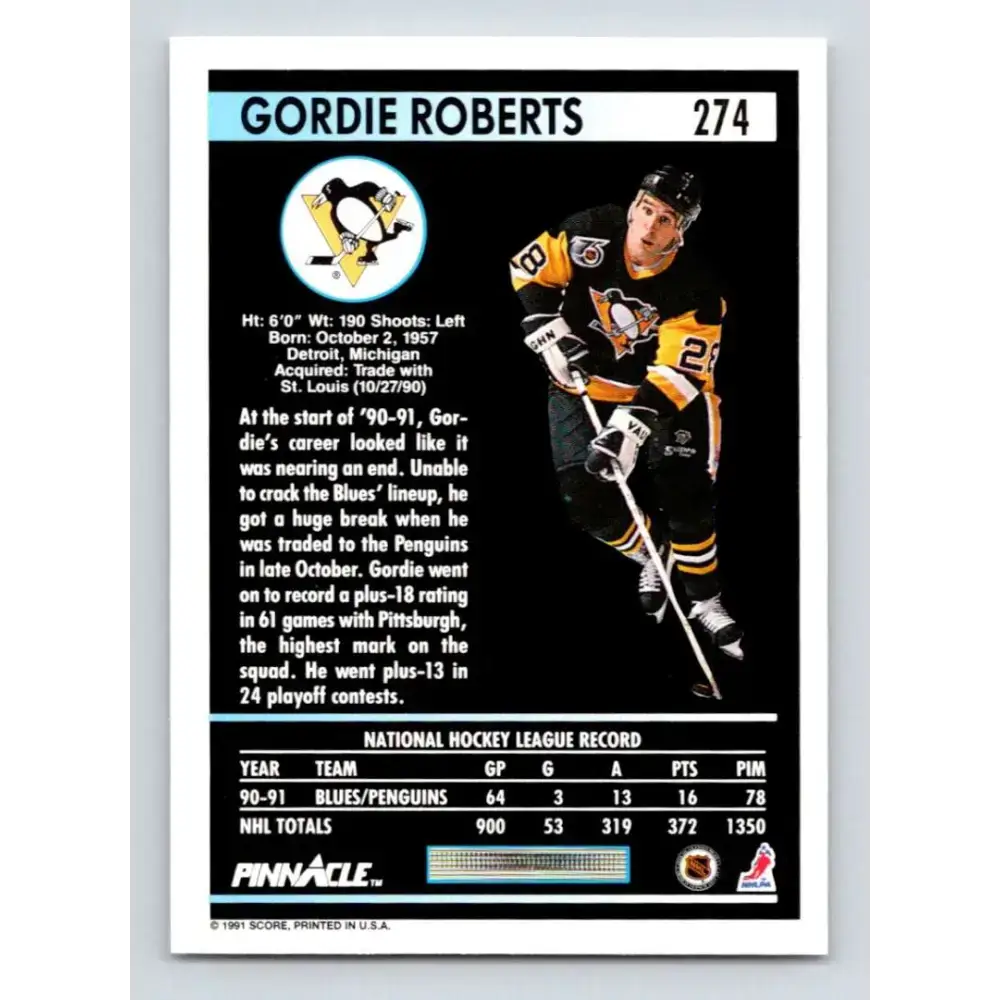 1991-92 Pinnacle #274 Gordie Roberts NM-MT Pittsburgh Penguins Hockey Card - Hockey Card Single