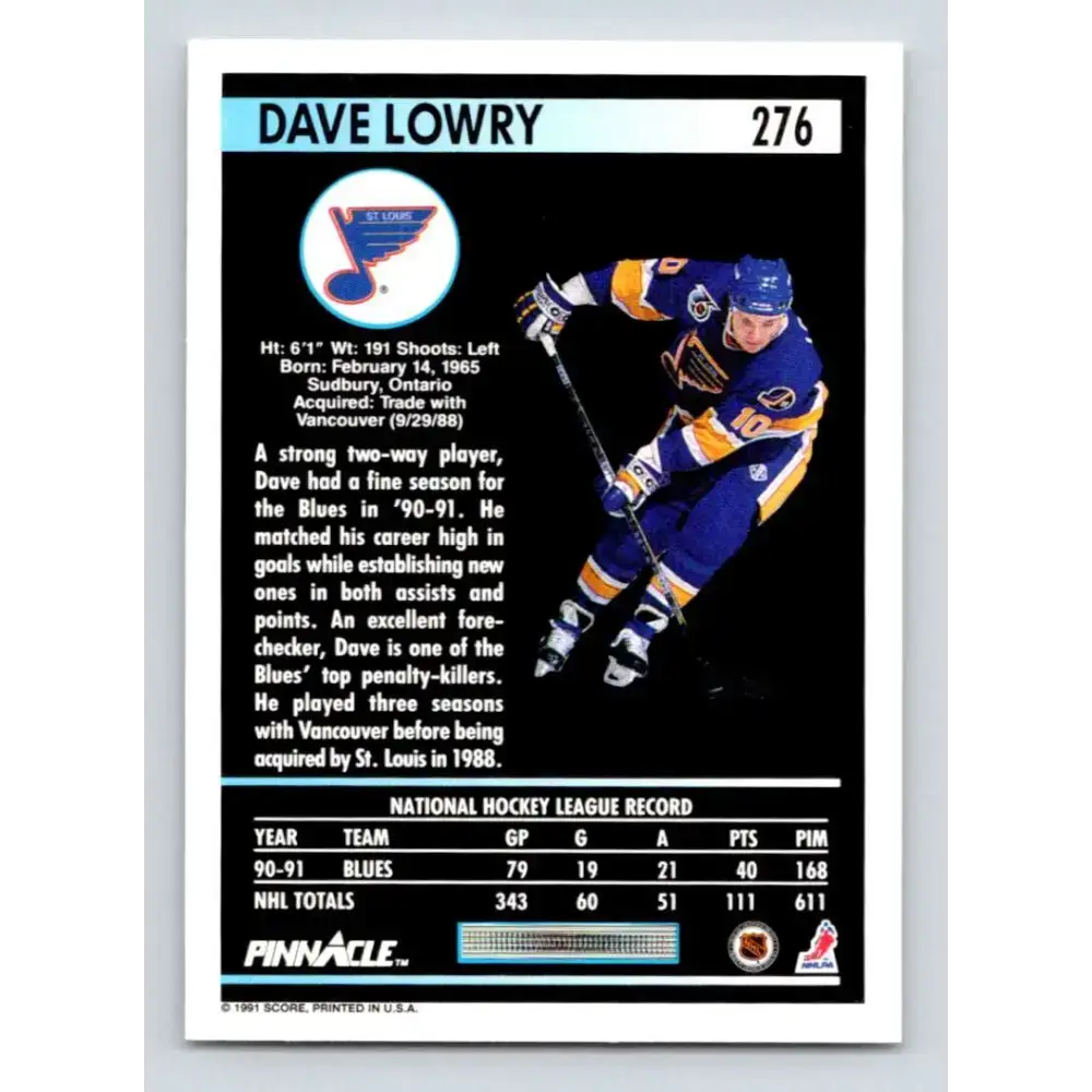 1991-92 Pinnacle #276 Dave Lowry NM-MT St. Louis Blues Hockey Card - Hockey Card Single