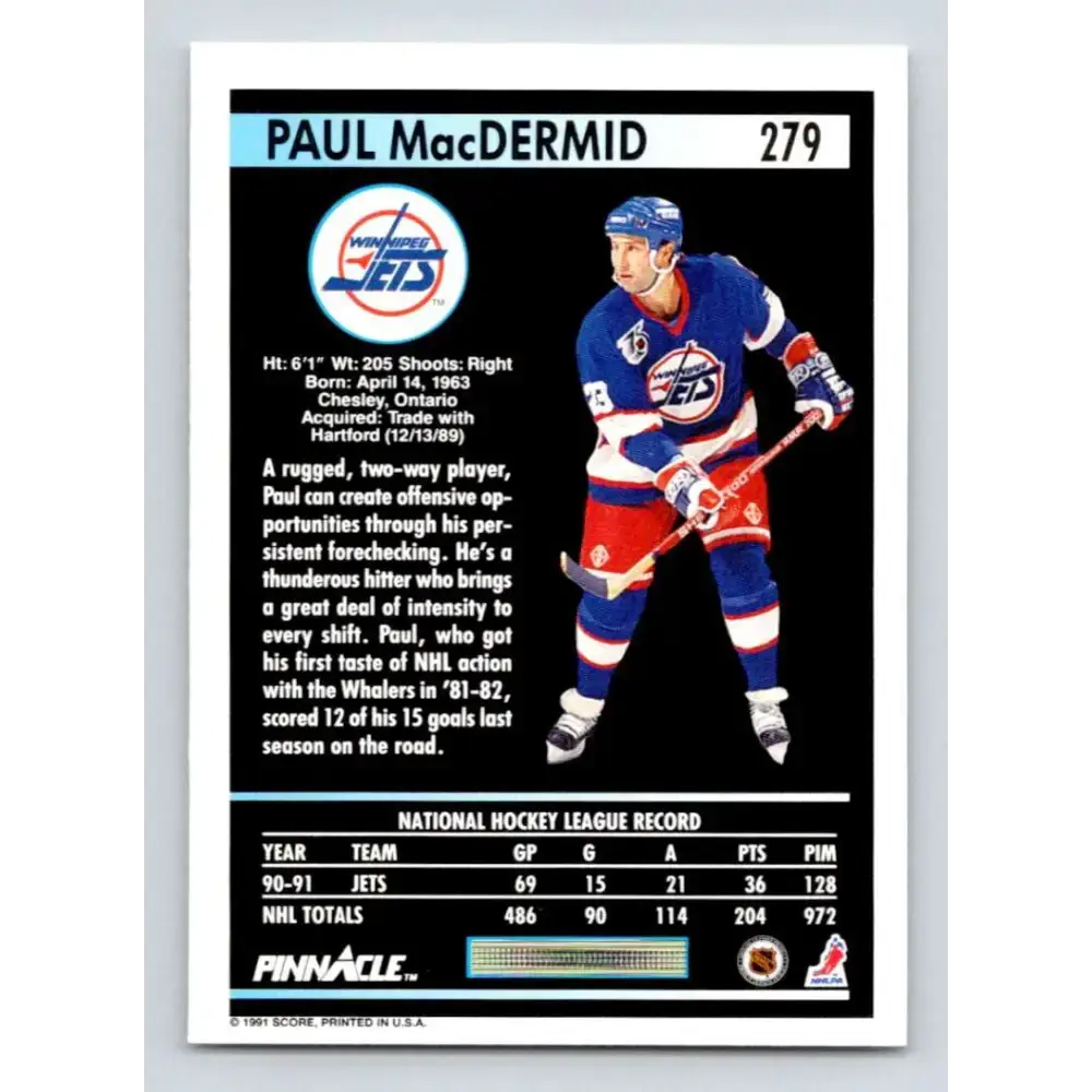 1991-92 Pinnacle #279 Paul MacDermid NM-MT Winnipeg Jets Hockey Card - Hockey Card Single