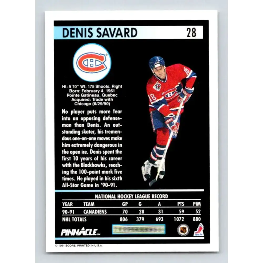 1991-92 Pinnacle #28 Denis Savard NM-MT Montreal Canadiens Hockey Card - Hockey Card Single
