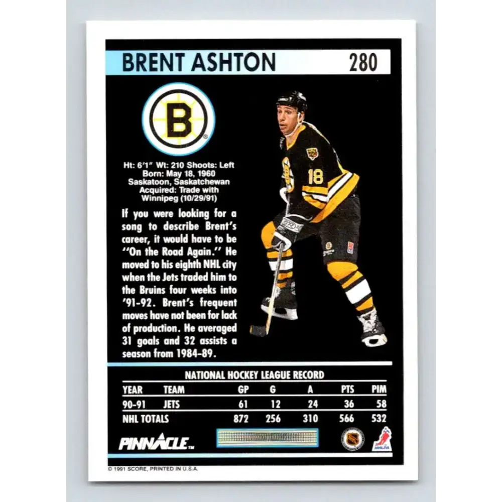 1991-92 Pinnacle #280 Brent Ashton NM-MT Boston Bruins Hockey Card - Hockey Card Single