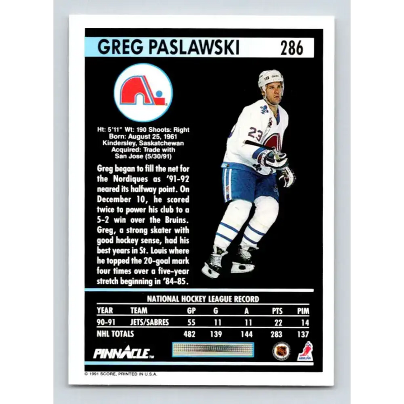 1991-92 Pinnacle #286 Greg Paslawski NM-MT Quebec Nordiques Hockey Card - Hockey Card Single