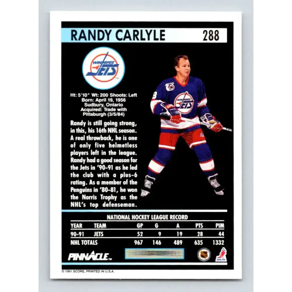 1991-92 Pinnacle #288 Randy Carlyle NM-MT Winnipeg Jets Hockey Card - Hockey Card Single