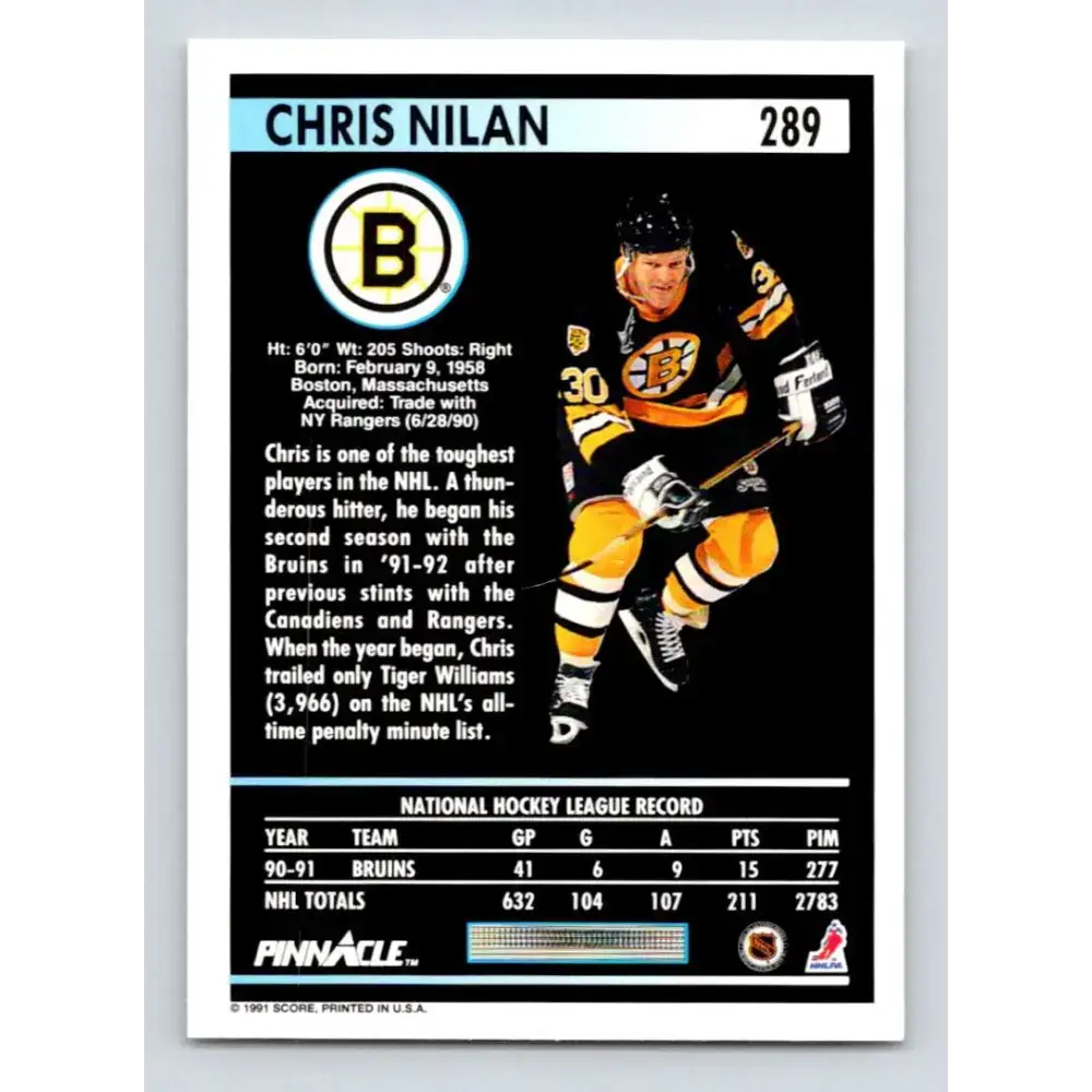 1991-92 Pinnacle #289 Chris Nilan NM-MT Boston Bruins Hockey Card - Hockey Card Single