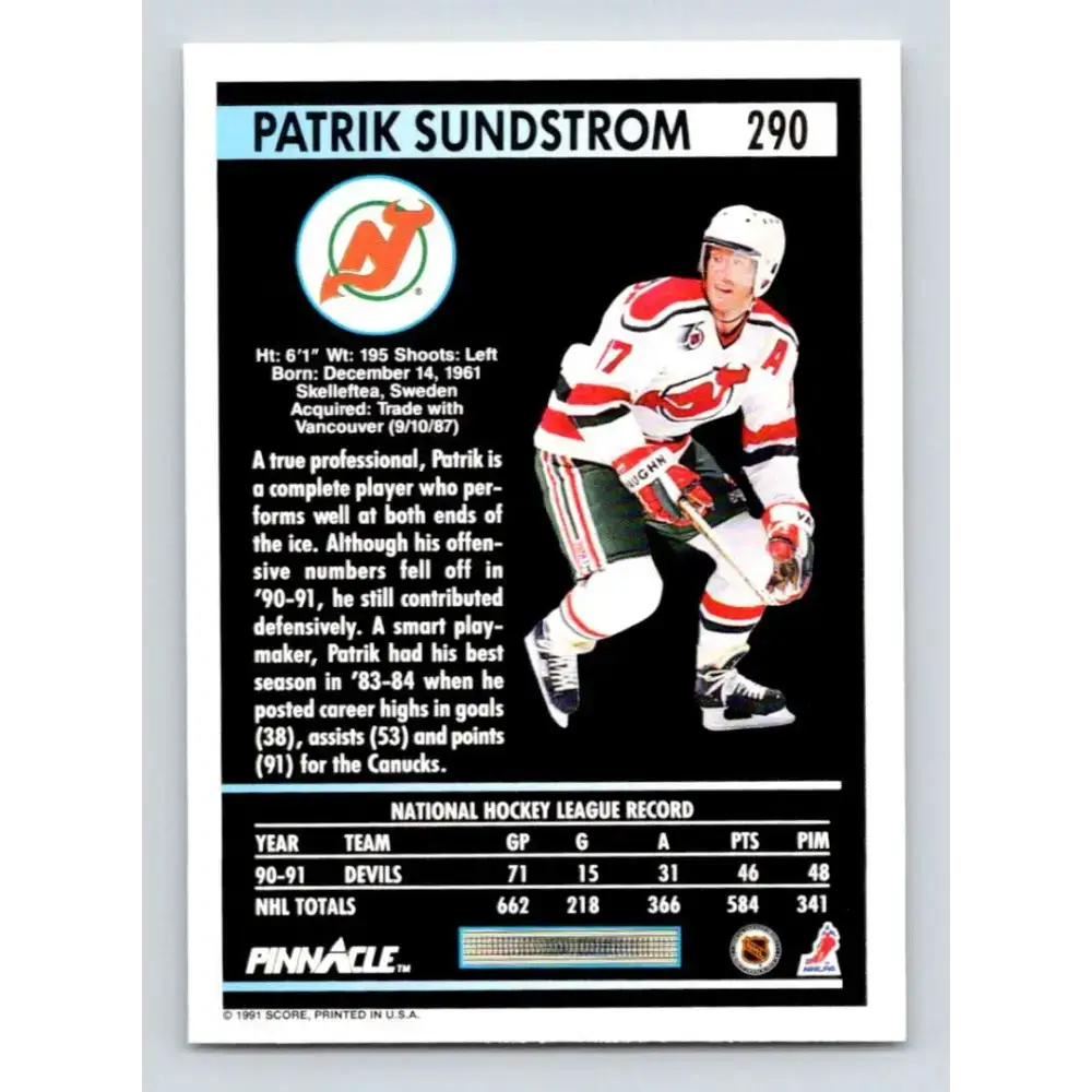 1991-92 Pinnacle #290 Patrik Sundstrom NM-MT New Jersey Devils Hockey Card - Hockey Card Single