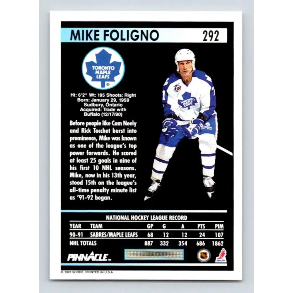 1991-92 Pinnacle #292 Mike Foligno NM-MT Toronto Maple Leafs Hockey Card - Hockey Card Single