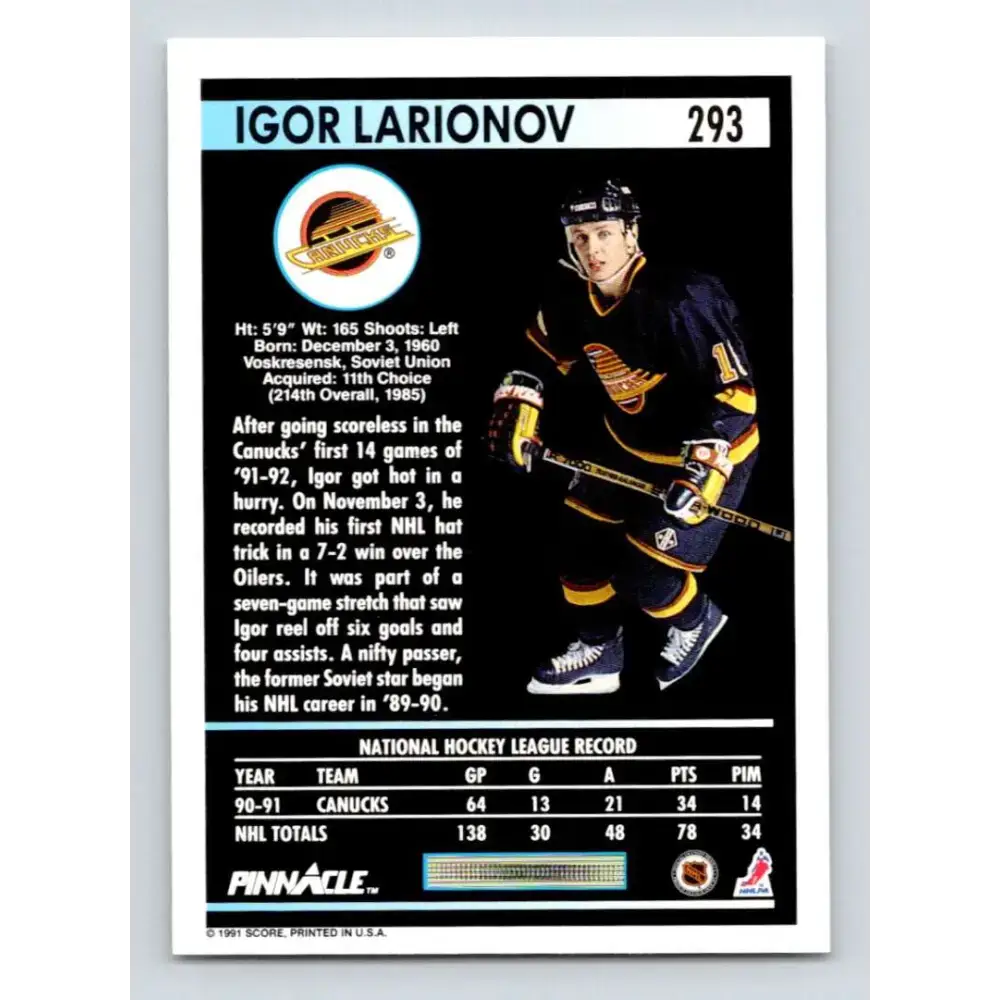 1991-92 Pinnacle #293 Igor Larionov NM-MT Vancouver Canucks Hockey Card - Hockey Card Single