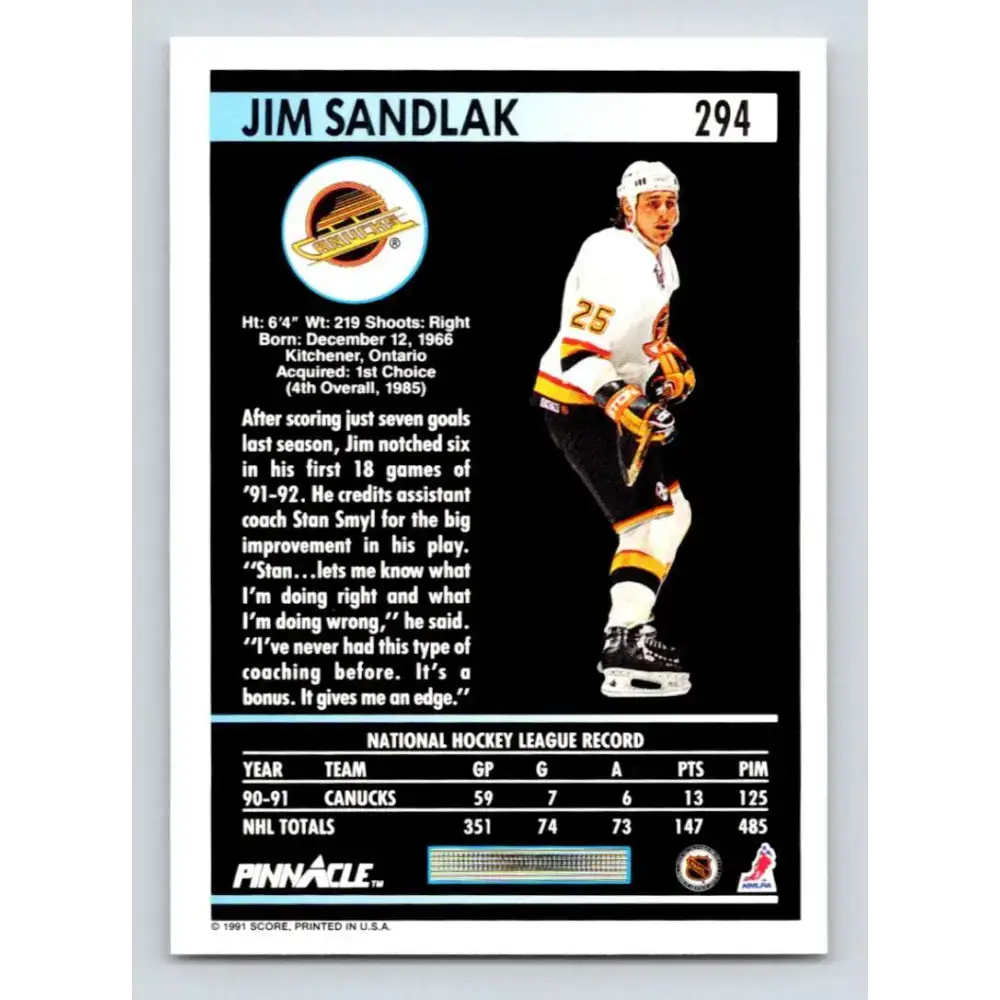 1991-92 Pinnacle #294 Jim Sandlak NM-MT Vancouver Canucks Hockey Card - Hockey Card Single