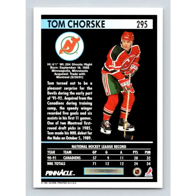 1991-92 Pinnacle #295 Tom Chorske NM-MT New Jersey Devils Hockey Card - Hockey Card Single