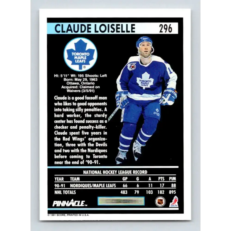 1991-92 Pinnacle #296 Claude Loiselle NM-MT Toronto Maple Leafs Hockey Card - Hockey Card Single