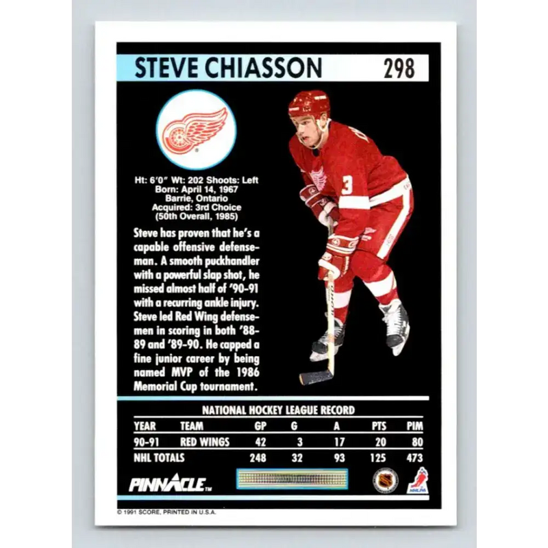 1991-92 Pinnacle #298 Steve Chiasson NM-MT Detroit Red Wings Hockey Card - Hockey Card Single