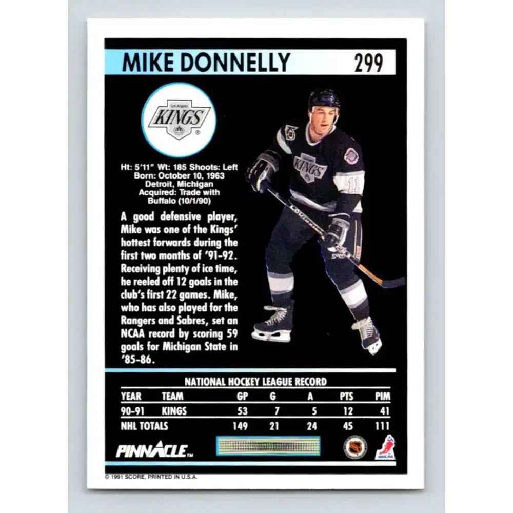 1991-92 Pinnacle #299 Mike Donnelly NM-MT RC Rookie Los Angeles Kings Hockey Card - Hockey Card Single