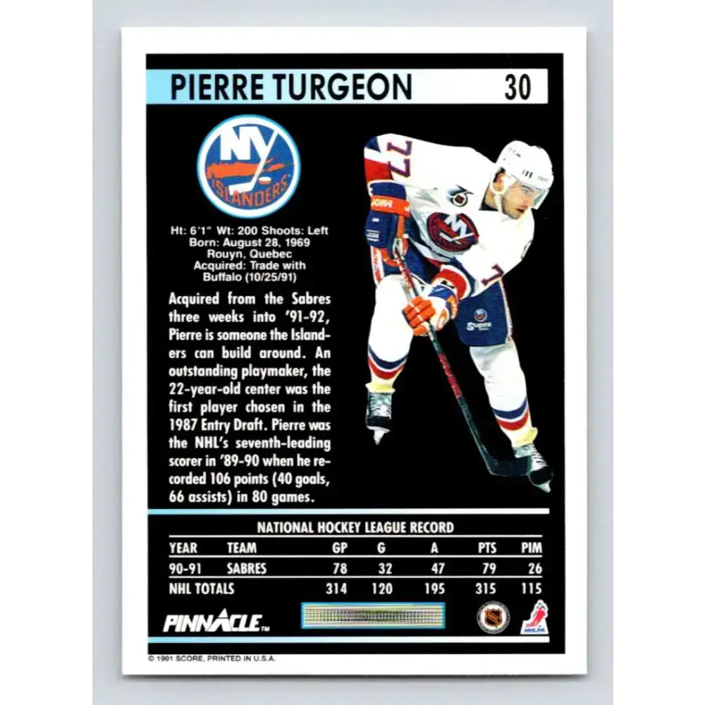 1991-92 Pinnacle #30 Pierre Turgeon NM-MT New York Islanders Hockey Card - Hockey Card Single