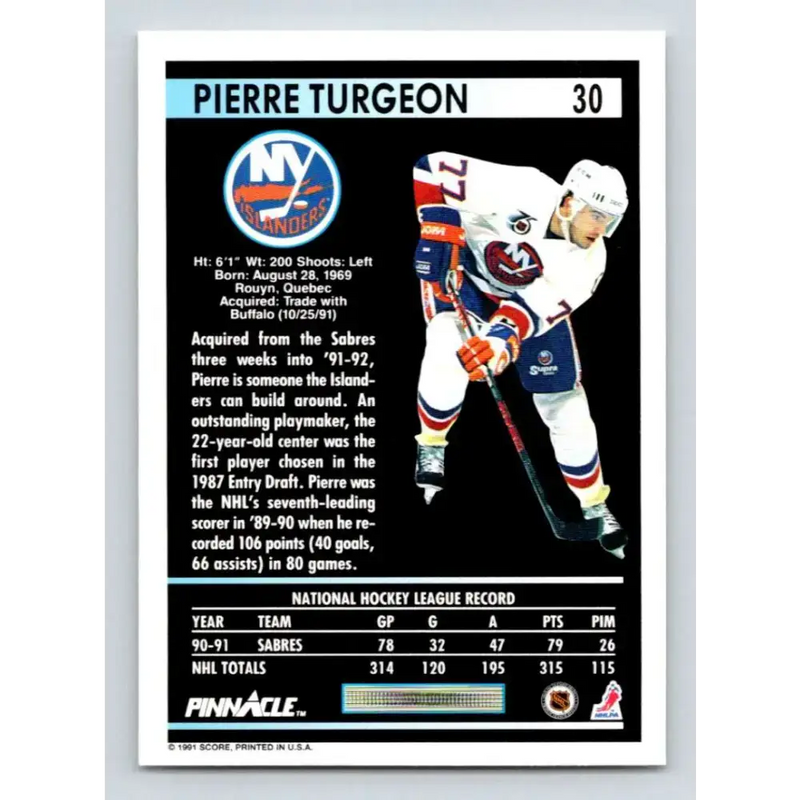 1991-92 Pinnacle #30 Pierre Turgeon NM-MT New York Islanders Hockey Card - Hockey Card Single