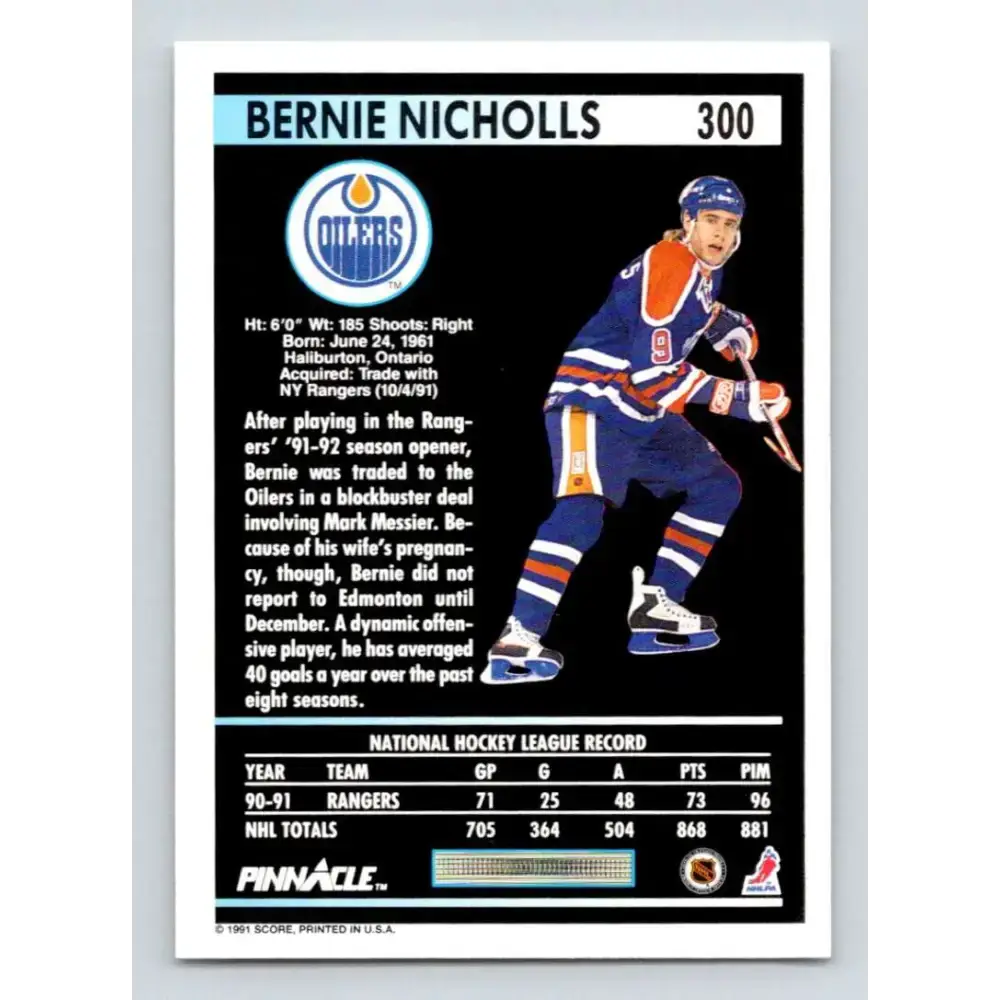 1991-92 Pinnacle #300 Bernie Nicholls NM-MT Edmonton Oilers Hockey Card - Hockey Card Single