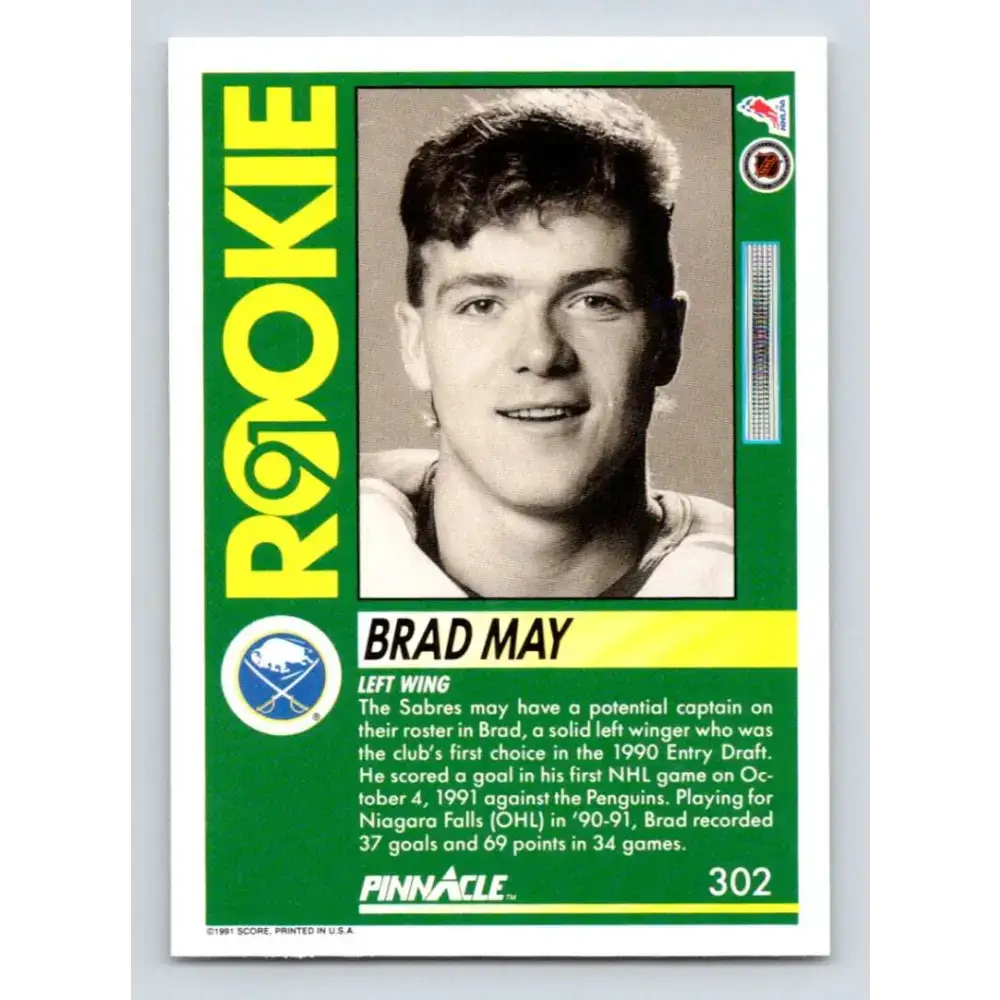 1991-92 Pinnacle #302 Brad May NM-MT Buffalo Sabres Hockey Card - Hockey Card Single