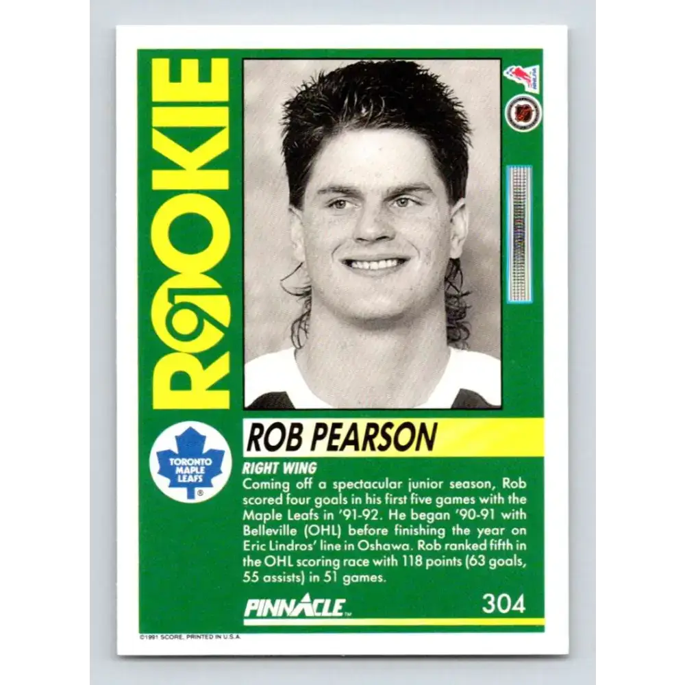 1991-92 Pinnacle #304 Rob Pearson NM-MT RC Rookie Toronto Maple Leafs Hockey Card - Hockey Card Single