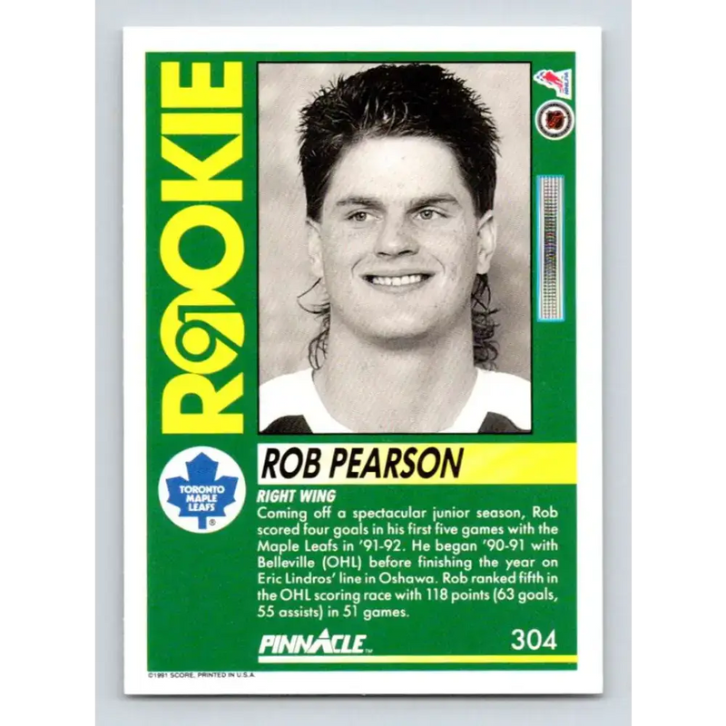 1991-92 Pinnacle #304 Rob Pearson NM-MT RC Rookie Toronto Maple Leafs Hockey Card - Hockey Card Single