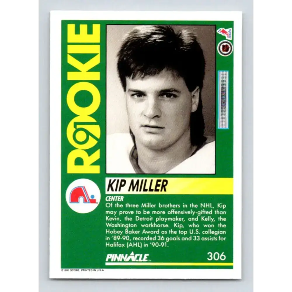 1991-92 Pinnacle #306 Kip Miller NM-MT Quebec Nordiques Hockey Card - Hockey Card Single