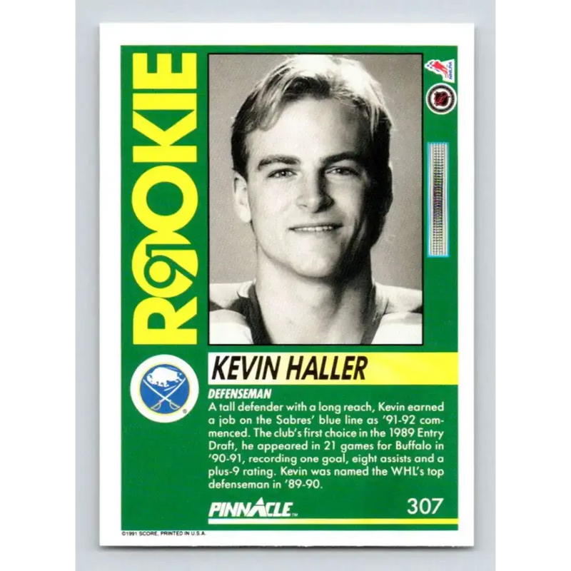 1991-92 Pinnacle #307 Kevin Haller NM-MT RC Rookie Buffalo Sabres Hockey Card - Hockey Card Single