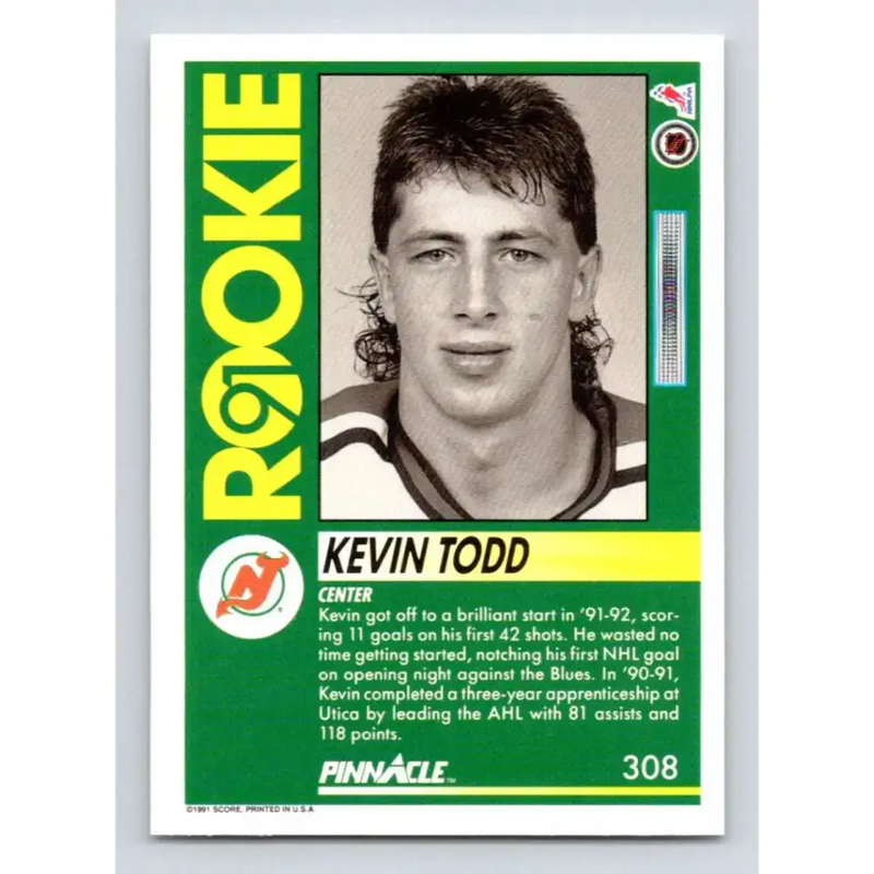 1991-92 Pinnacle #308 Kevin Todd NM-MT RC Rookie New Jersey Devils Hockey Card - Hockey Card Single