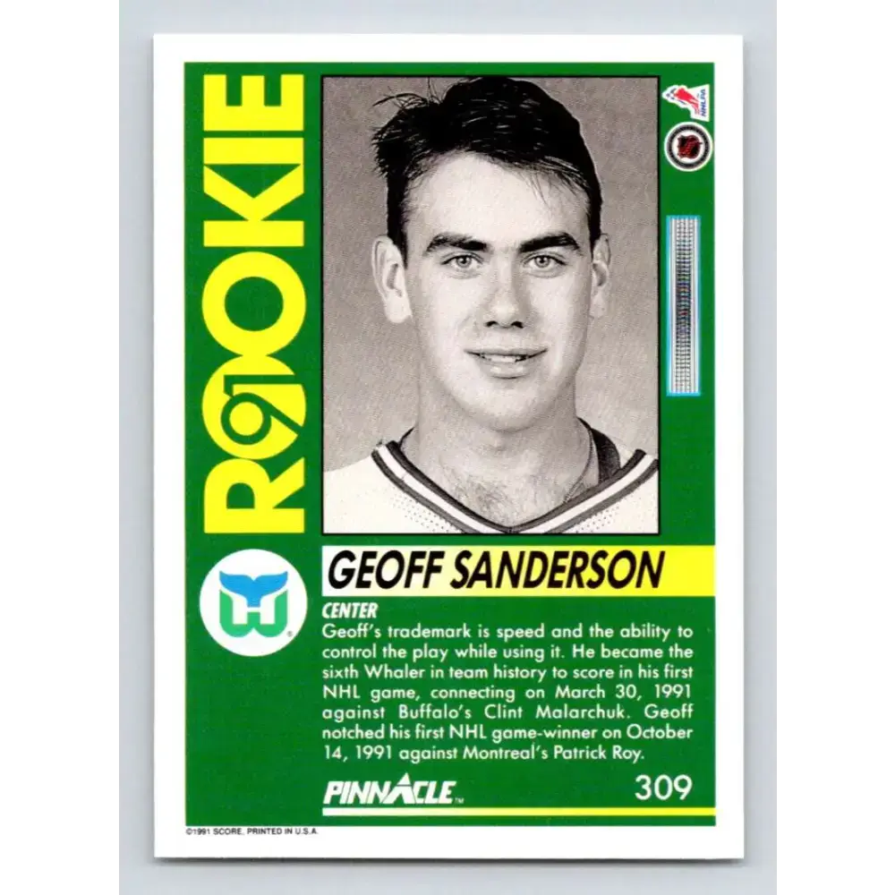 1991-92 Pinnacle #309 Geoff Sanderson NM-MT RC Rookie Hartford Whalers Hockey Card - Hockey Card Single