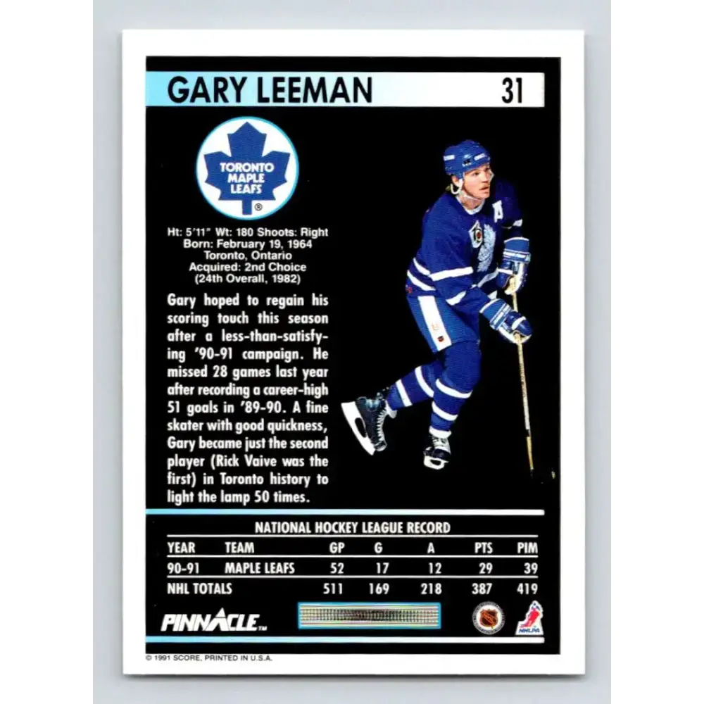 1991-92 Pinnacle #31 Gary Leeman NM-MT Toronto Maple Leafs Hockey Card - Hockey Card Single