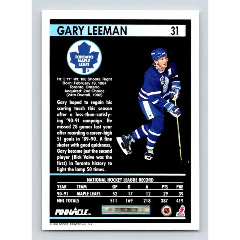 1991-92 Pinnacle #31 Gary Leeman NM-MT Toronto Maple Leafs Hockey Card - Hockey Card Single