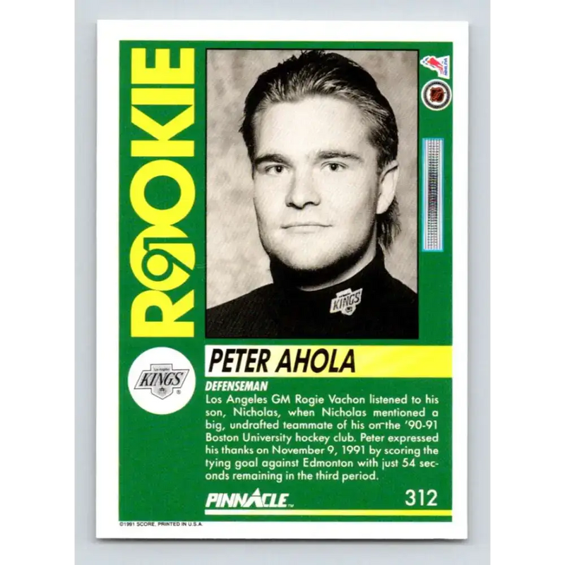 1991-92 Pinnacle #312 Peter Ahola NM-MT RC Rookie Los Angeles Kings Hockey Card - Hockey Card Single