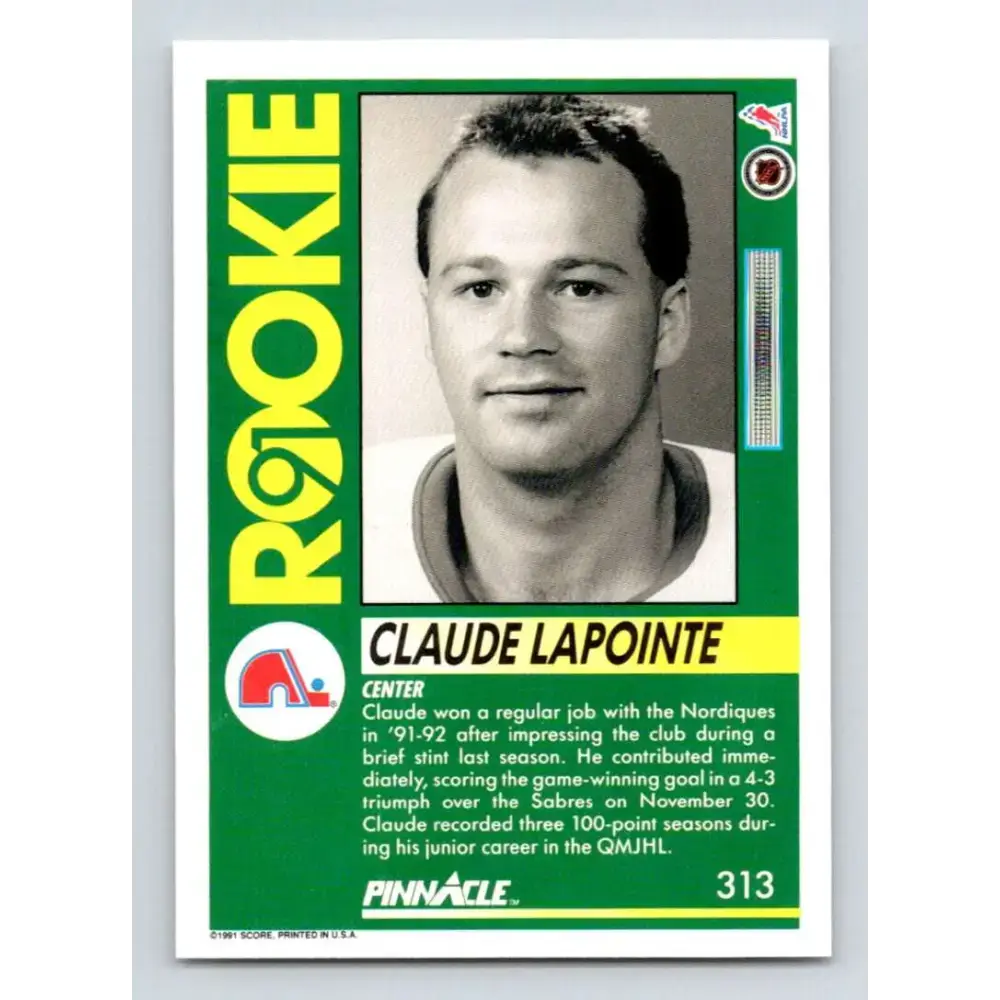 1991-92 Pinnacle #313 Claude Lapointe NM-MT RC Rookie Quebec Nordiques Hockey Card - Hockey Card Single